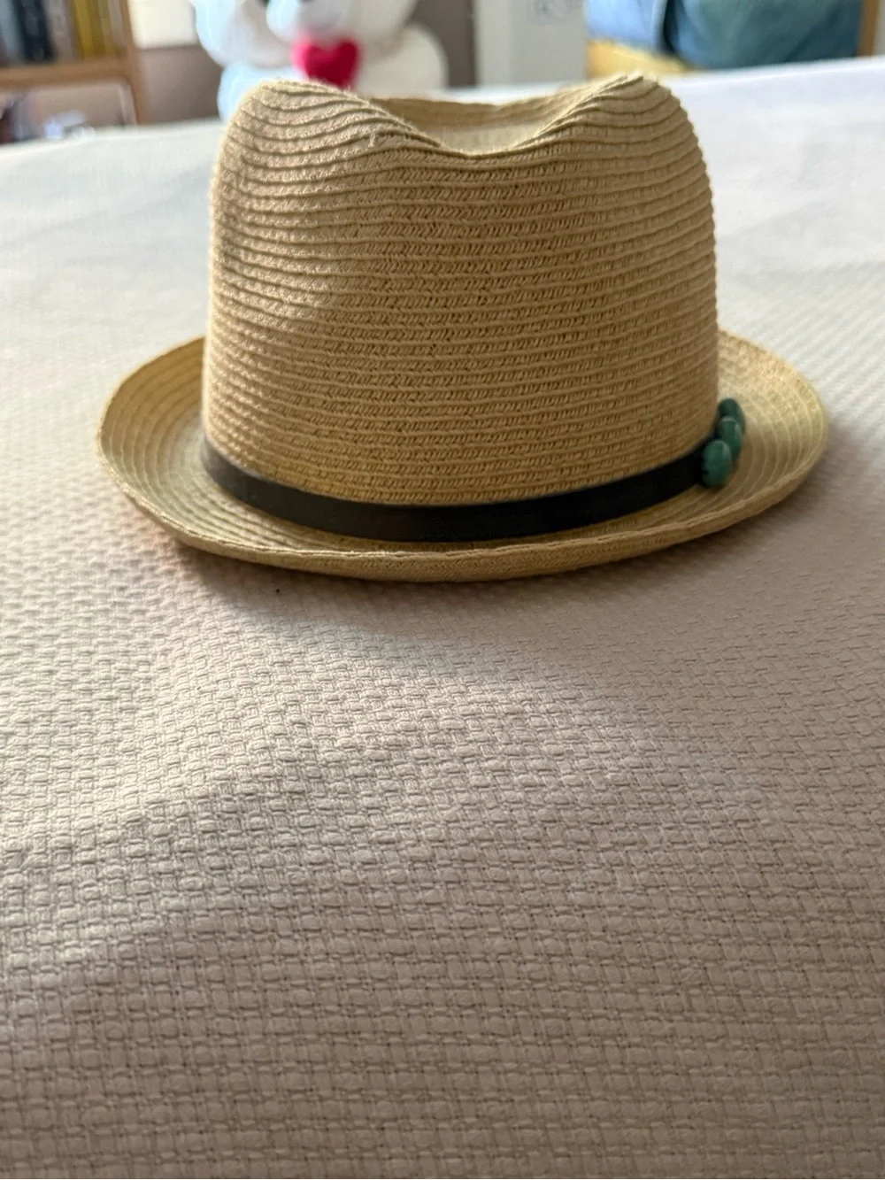 Stylish Straw Fedora Hat with Turquoise Accents - Beige